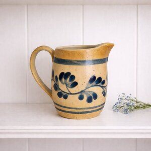 Teleflora Williamsburg Pottery Pitcher Vase Blue Leaf Farmhouse Americana Decor